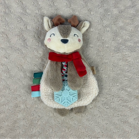 Itzy Ritzy Reindeer Baby Lovey Security Blanket Scarf Snowflake Tan Red Sherpa - Picture 1 of 6